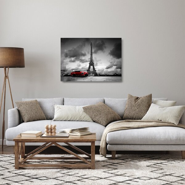 Staklena slika - Eiffelov toranj i crveni auto (70x50 cm)