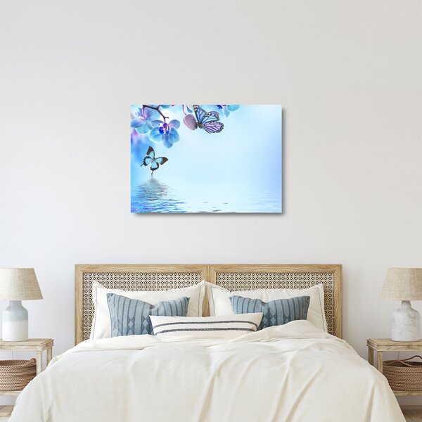 Staklena slika - Leptir na cvjetovima orhideje, plavi (70x50 cm)