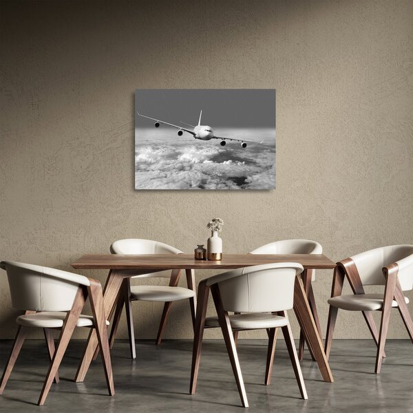 Staklena slika - Avion u oblacima, crno-bijeli (70x50 cm)