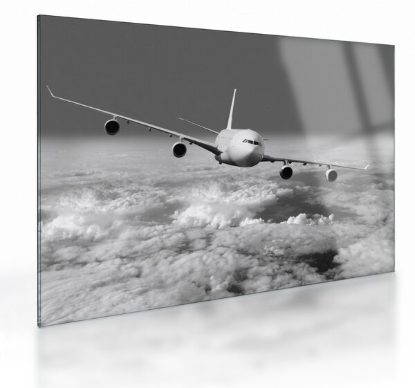 Staklena slika - Avion u oblacima, crno-bijeli (70x50 cm)