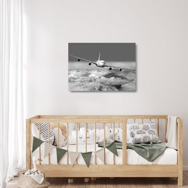 Staklena slika - Avion u oblacima, crno-bijeli (70x50 cm)
