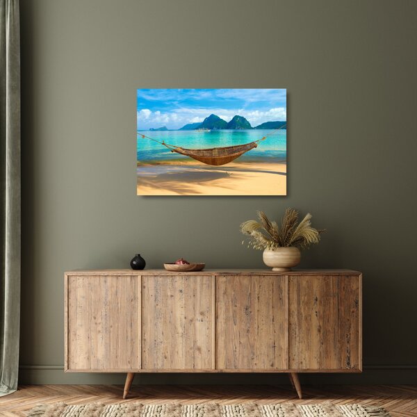 Staklena slika - Viseća mreža na plaži (70x50 cm)
