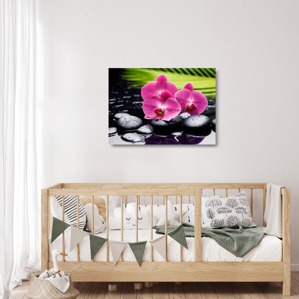 Staklena slika - Ružičaste orhideje s palminim lišćem (70x50 cm)