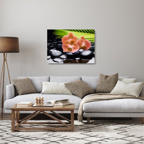 Staklena slika - Narančasta orhideja s palminim lišćem (70x50 cm)