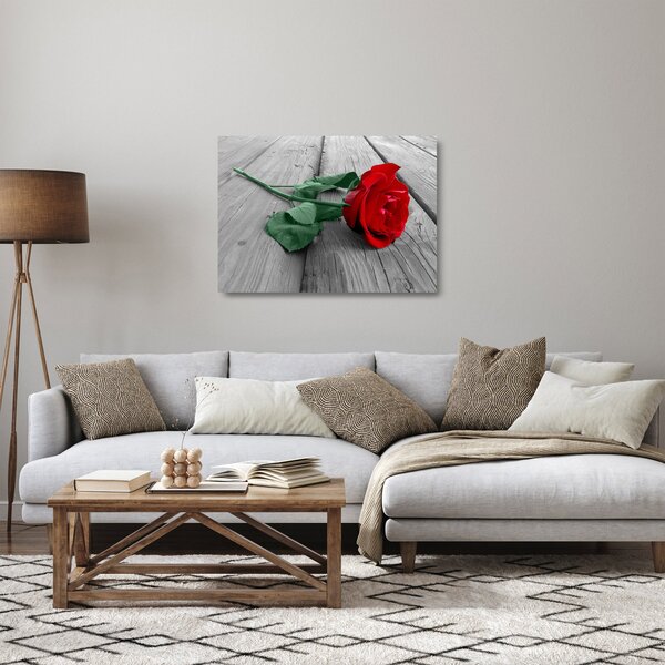 Staklena slika - Crvena ruža sa zelenom stabljikom (70x50 cm)