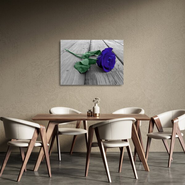 Staklena slika - Plava ruža sa zelenom stabljikom (70x50 cm)