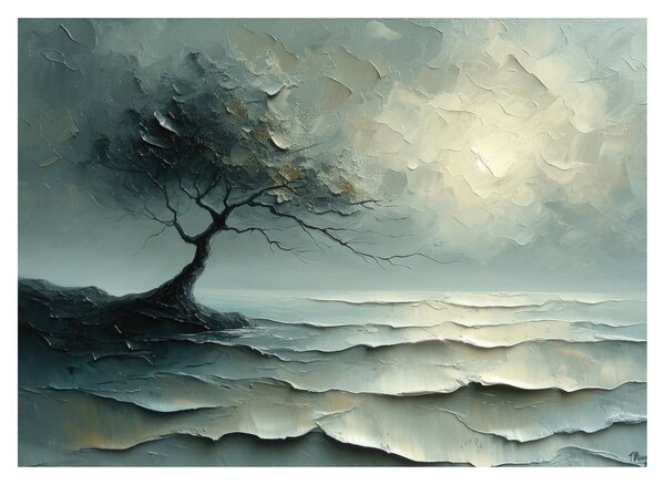 Staklena slika - Uljana slika stabla s oceanom (70x50 cm)
