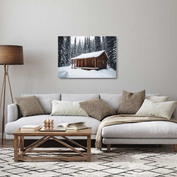 Staklena slika - Koliba prekrivena snijegom (70x50 cm)