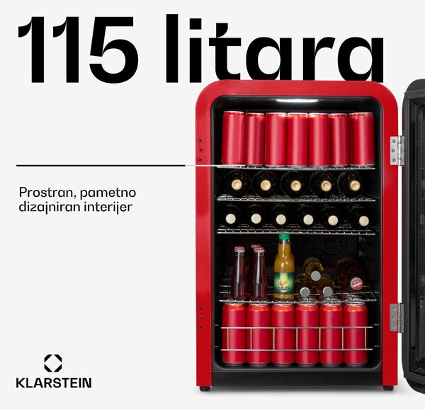 Klarstein PopLife, hladnjak za napitke, 115 l, 0 -10 °C, retro dizajn, crveni