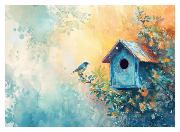 Staklena slika - Kućica za ptice, akvarel (70x50 cm)