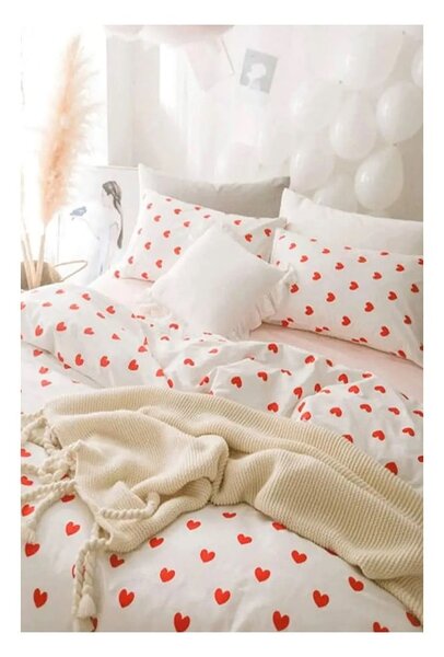 Krem posteljina za bračni krevet/za produženi krevet od renforce pamuka s uključenom plahtom/4-dijelna 200x220 cm Mini Hearts – Mila Home