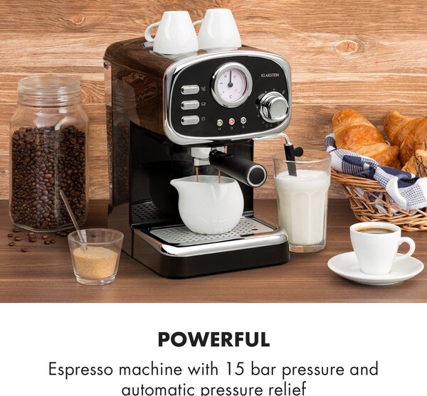 Klarstein Espressionata Gusto, espresso aparat za kavu, 1100 W, tlak 15 bar, crni