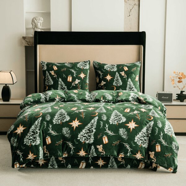 Set posteljine od mikropliša GREEN CHRISTMAS zelene + plahta od mikropliša SOFT 90x200 cm bijele, za jedan krevet
