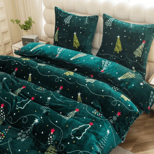 Set posteljine od mikropliša CHRISTMAS DRIFT zelene boje + plahta od mikropliša SOFT 90x200 cm bijele boje, za jedan krevet