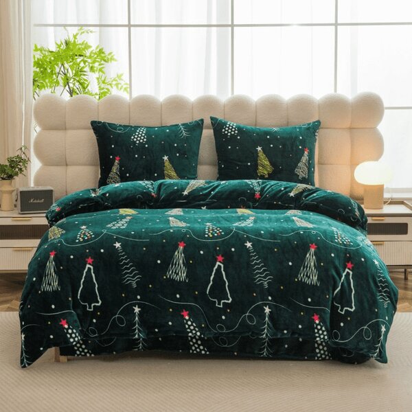 Set posteljine od mikropliša CHRISTMAS DRIFT zelene boje + plahta od mikropliša SOFT 90x200 cm bijele boje, za jedan krevet