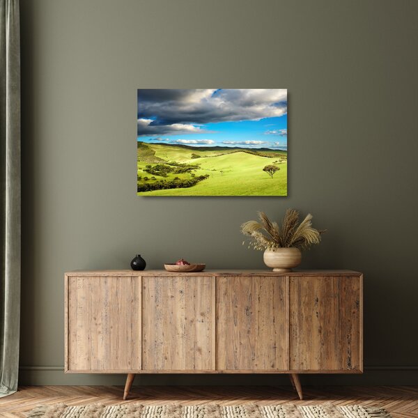 Staklena slika - Zeleni krajolik s brdima (70x50 cm)