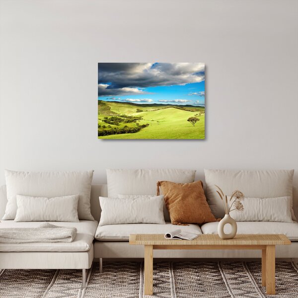 Staklena slika - Zeleni krajolik s brdima (70x50 cm)