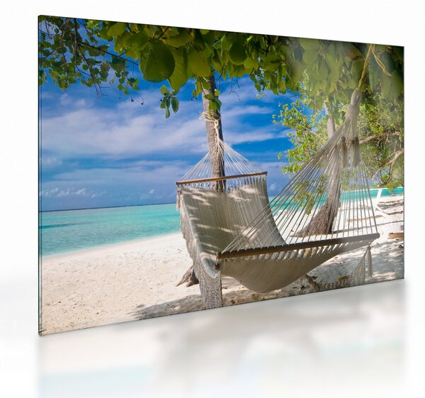 Staklena slika - Viseća mreža na plaži (70x50 cm)