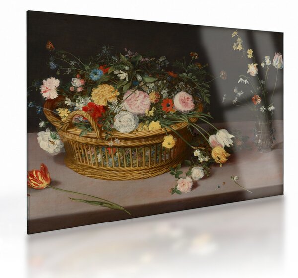 Staklena slika - Jan Brueghel the Elder, Flowers in a Basket and a Vase, reprodukcije (70x50 cm)