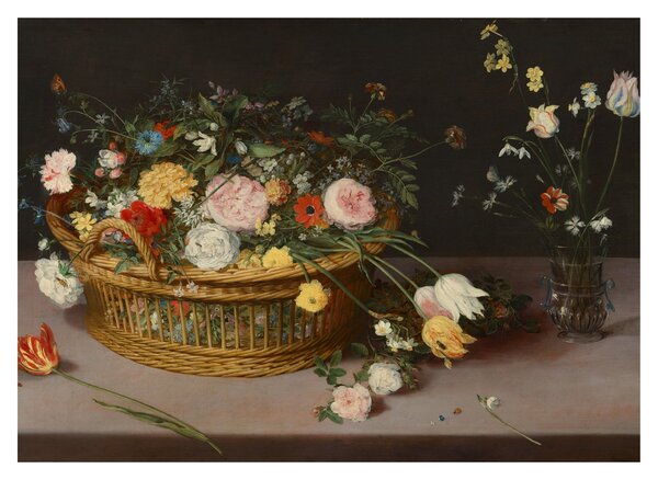 Staklena slika - Jan Brueghel the Elder, Flowers in a Basket and a Vase, reprodukcije (70x50 cm)
