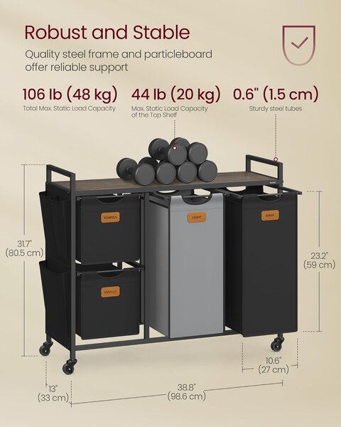 Košara za rublje s 4 odjeljka – 98,6 x 33 x 80,5 cm, smeđa, crna i siva | VASAGLE