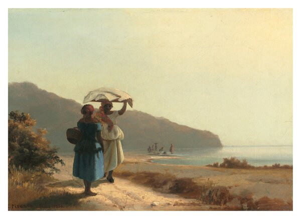 Staklena slika - Camille Pissarro, Two Women Chatting by the Sea, St. Thomas, reprodukcije (70x50 cm)