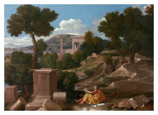Staklena slika - Nicolas Poussin, Landscape with Saint John on Patmos, reprodukcije (70x50 cm)