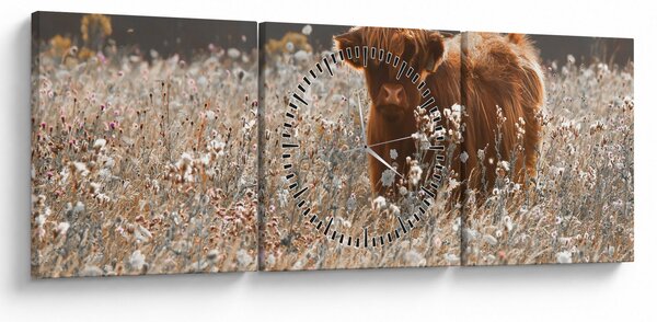 Slika - Škotska krava u cvijeću (sa satom) (90x30 cm)