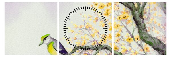 Slika - Akvarel ptica na drvetu (sa satom) (90x30 cm)