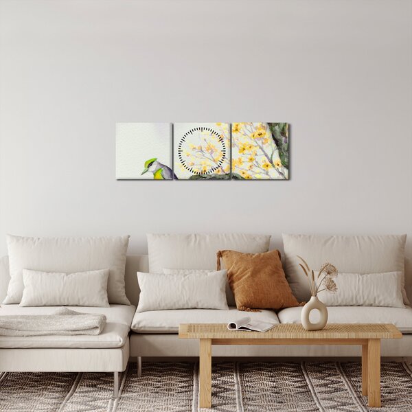 Slika - Akvarel ptica na drvetu (sa satom) (90x30 cm)