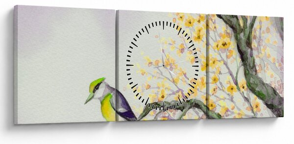 Slika - Akvarel ptica na drvetu (sa satom) (90x30 cm)