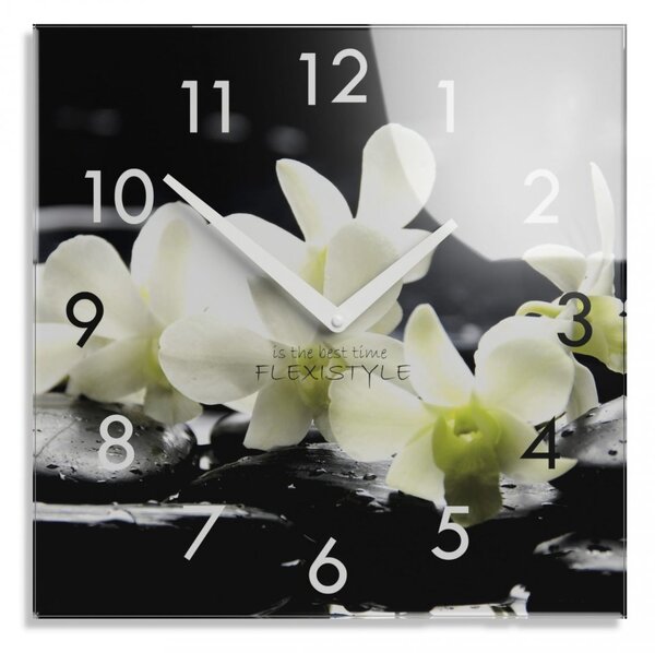 Ukrasni stakleni sat s bijelom orhidejom, 30 cm