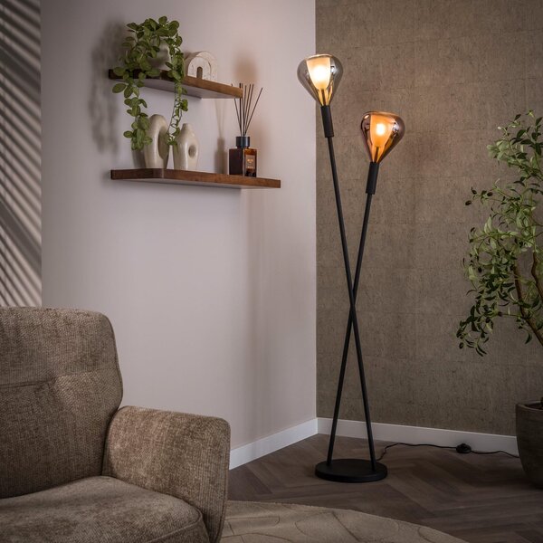 ZIJLSTRA Podna lampa Wings, crna/bakar/krom, 2 žarulje, 175 cm, G9, Crno, Dnevni boravak/blagovaonica, Metal