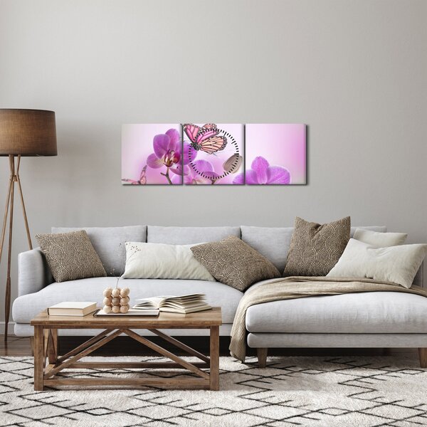 Slika - Leptir na cvjetovima orhideje, lila (sa satom) (90x30 cm)