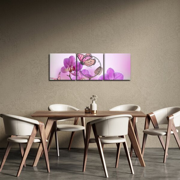 Slika - Leptir na cvjetovima orhideje, lila (sa satom) (90x30 cm)