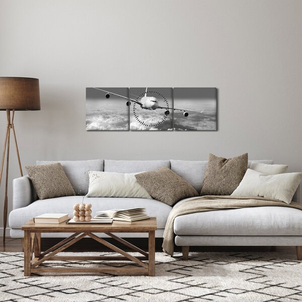Slika - Avion u oblacima, crno-bijeli (sa satom) (90x30 cm)