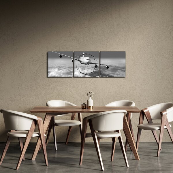 Slika - Avion u oblacima, crno-bijeli (sa satom) (90x30 cm)