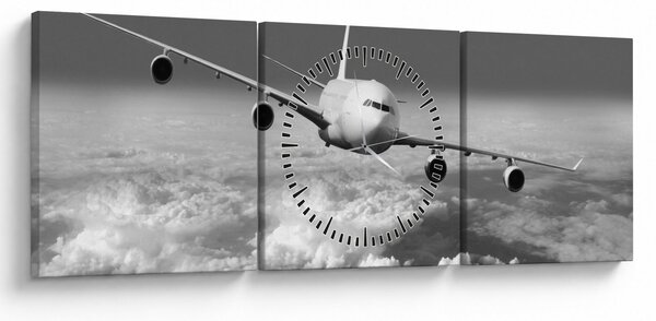 Slika - Avion u oblacima, crno-bijeli (sa satom) (90x30 cm)