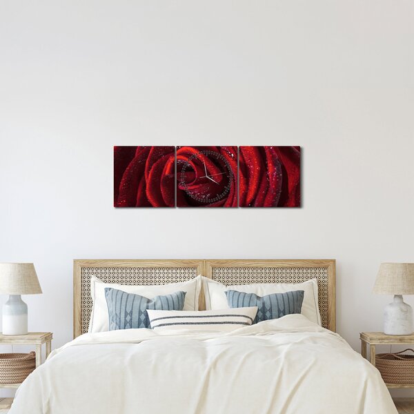 Slika - Crvena ruža s kapljicama rose (sa satom) (90x30 cm)