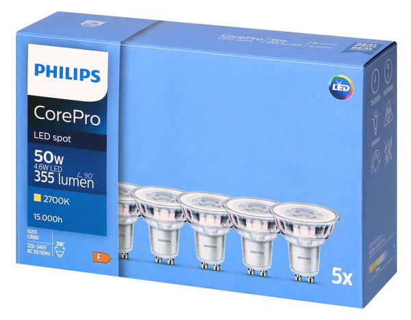 5 x Philips CorePro GU10 LED Žarulja, 4.6W, 355lm, 2700K