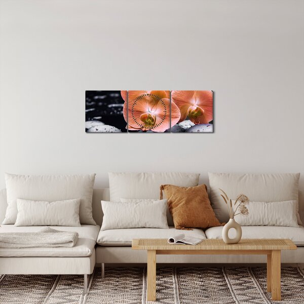 Slika - Narančasta orhideja s palminim lišćem (sa satom) (90x30 cm)