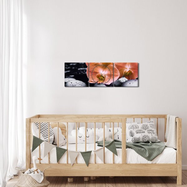 Slika - Narančasta orhideja s palminim lišćem (sa satom) (90x30 cm)