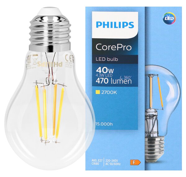 Philips CorePro Filament E27 A60 LED Žarulja, 4.3W, 470lm, 2700K