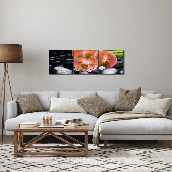 Slika - Narančasta orhideja s palminim lišćem (sa satom) (90x30 cm)