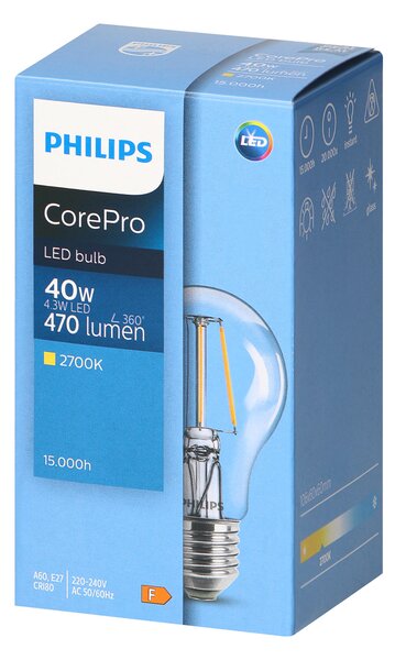 Philips CorePro Filament E27 A60 LED Žarulja, 4.3W, 470lm, 2700K