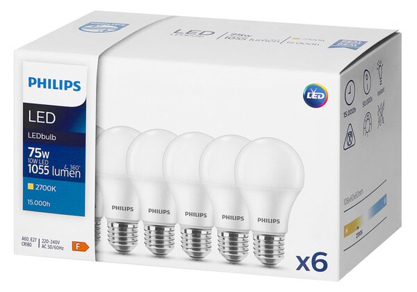 6 x Philips CorePro E27 A60 LED Žarulja, 10W, 1055lm, 2700K