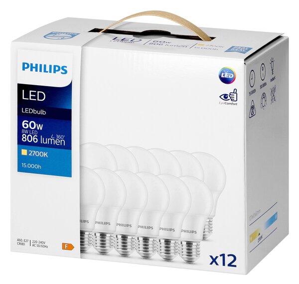 12 x Philips CorePro E27 A60 LED Žarulja, 8W, 806lm, 2700K