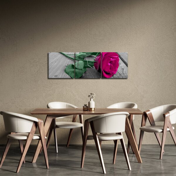 Slika - Ružičasta ruža sa zelenom stabljikom (sa satom) (90x30 cm)