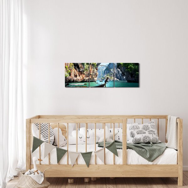 Slika - Vodeni mediteranski krajolik s čamcem (sa satom) (90x30 cm)