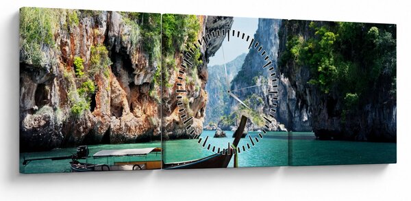 Slika - Vodeni mediteranski krajolik s čamcem (sa satom) (90x30 cm)